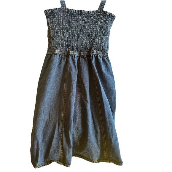 Vtg Y2K Japra Overall Mini Denim Jean Smocked Sundress Strap Dress Large 90s - Picture 5 of 7